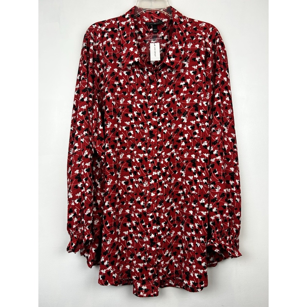 Lane Bryant Blouse Women 26 Floral Red Button Top Boho Prairie New Office Career